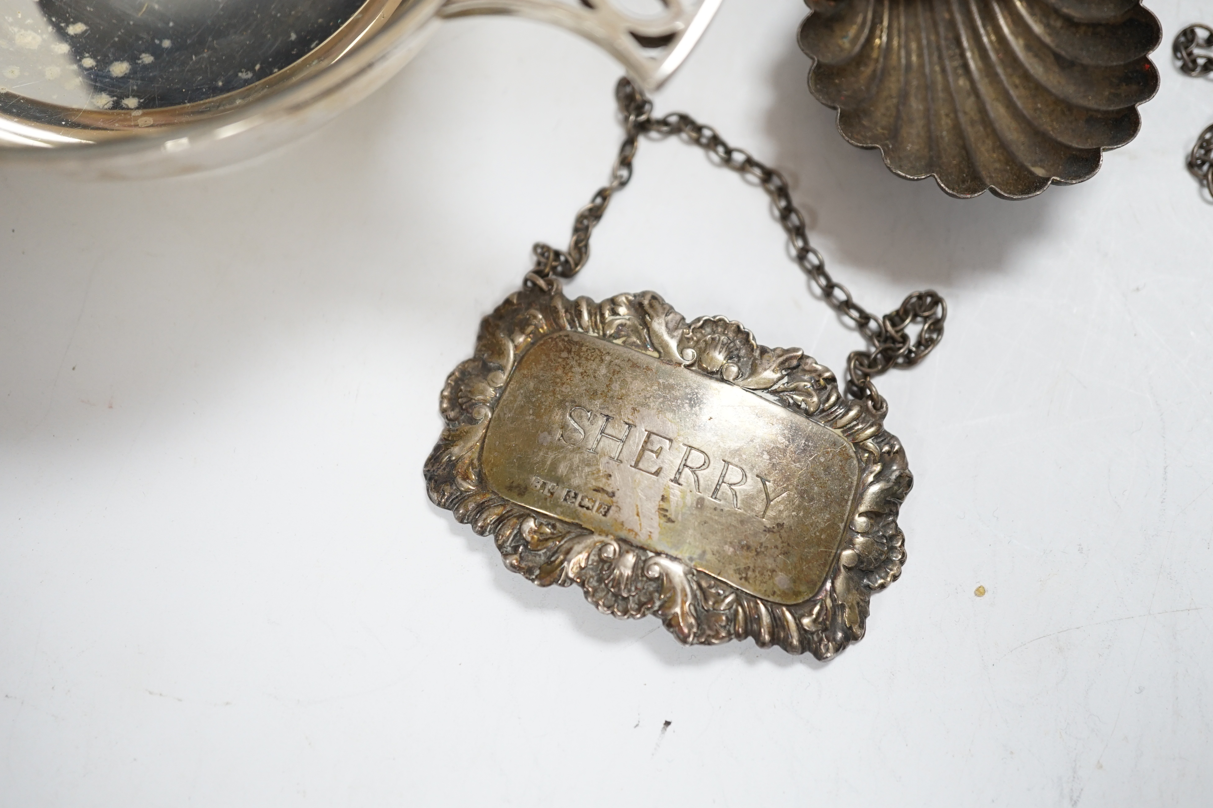 A group of small silver including a late Victorian carriage timepiece with later movement?, trinket box, quaich, vesta case, salt etc.